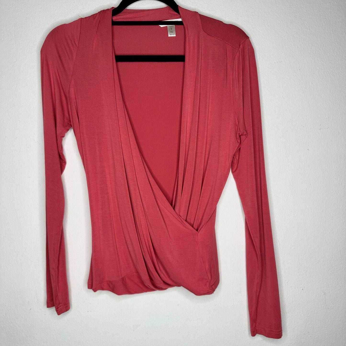 Banana Republic Dark Coral Long Sleeve Deep Draped VNeck Faux Wrap Top S