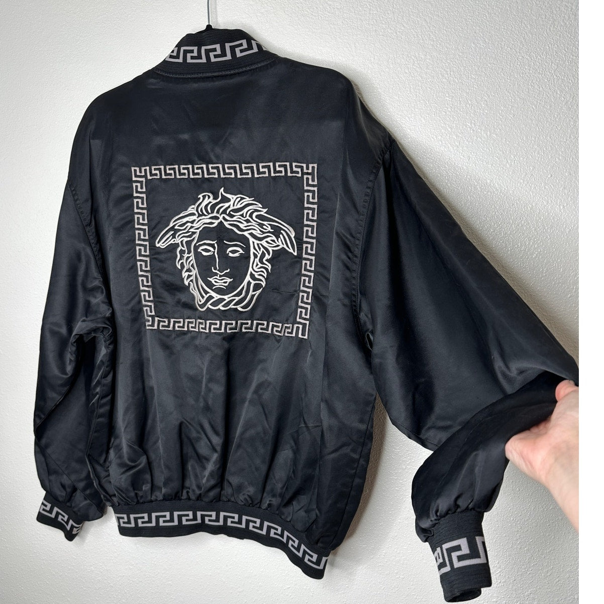 Versace Jeans Medusa Black Silver Embroidered Logo Long Sleeve Zip Bomber Jacket