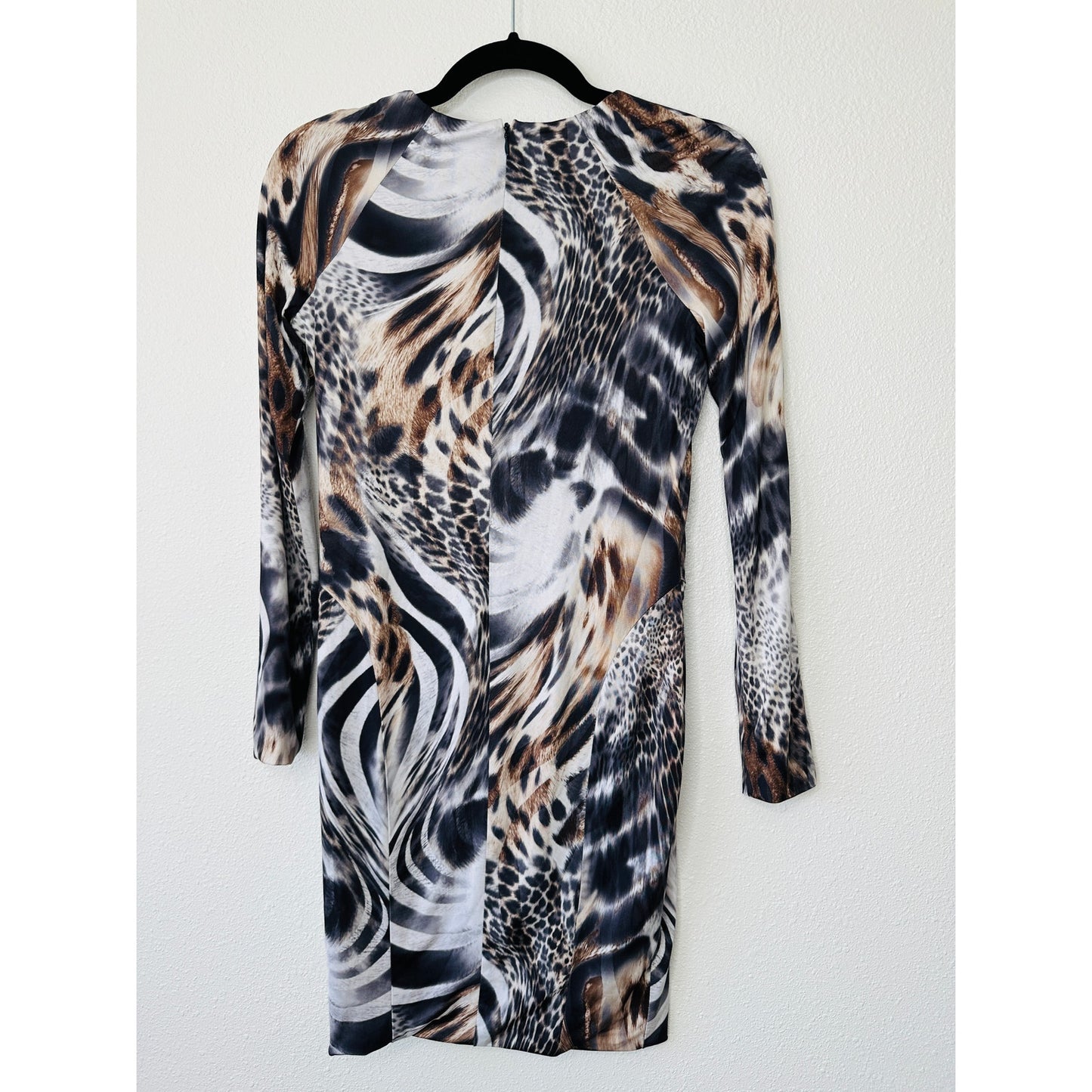 Torn by Ronny Kobo Black White Brown Animal Print Long Sleeve Bodycon Dress S