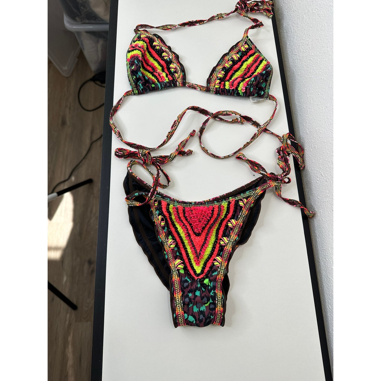 Agua Bendita Pink Multi-Color Stripe Sequin Ruffle Bikini Top & Bottom S