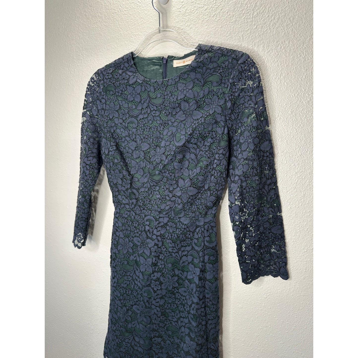 Tory Burch Black Lace with Green Contrast Underlay Jewel Neckline Dress 2
