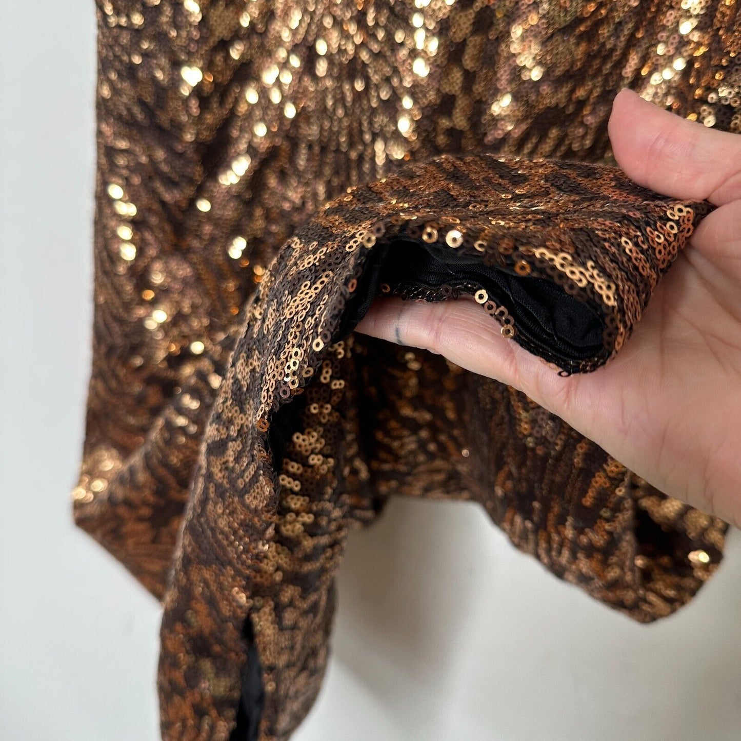 Bebe Copper Bronze Metallic Sequin Strappy Mini Dress Criss Cross Back Zip M