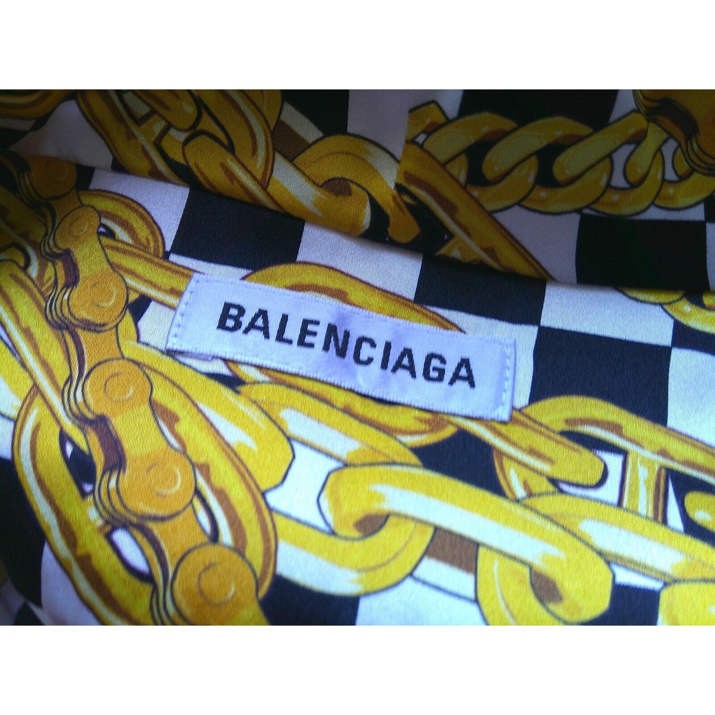 Balenciaga Black White Gold Checked Chain Print Short Sleeve Tie Neck Blouse 40