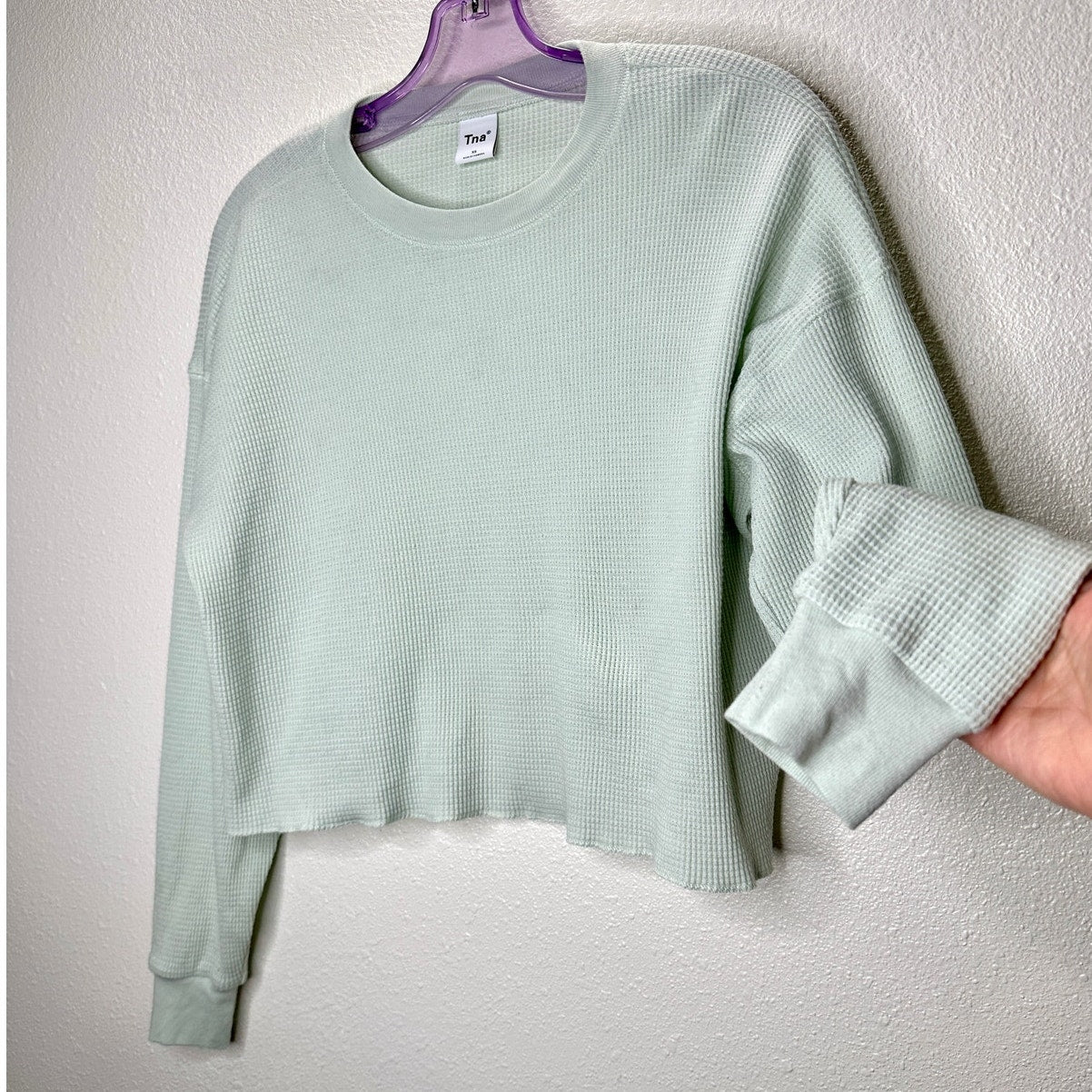 Aritzia TNA Light Mint Green Waffle Knit Long Sleeve Crop Sweater S