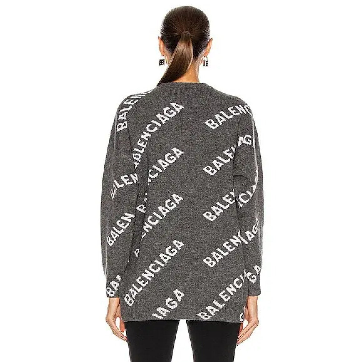 Balenciaga Dark Gray Long Sleeve White Logo'd Crew Neck Sweater L