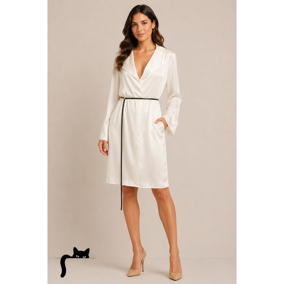 NWT Bottega Veneta Cream Silk Long Sleeve Spread Collar Belted Dress 46 / L