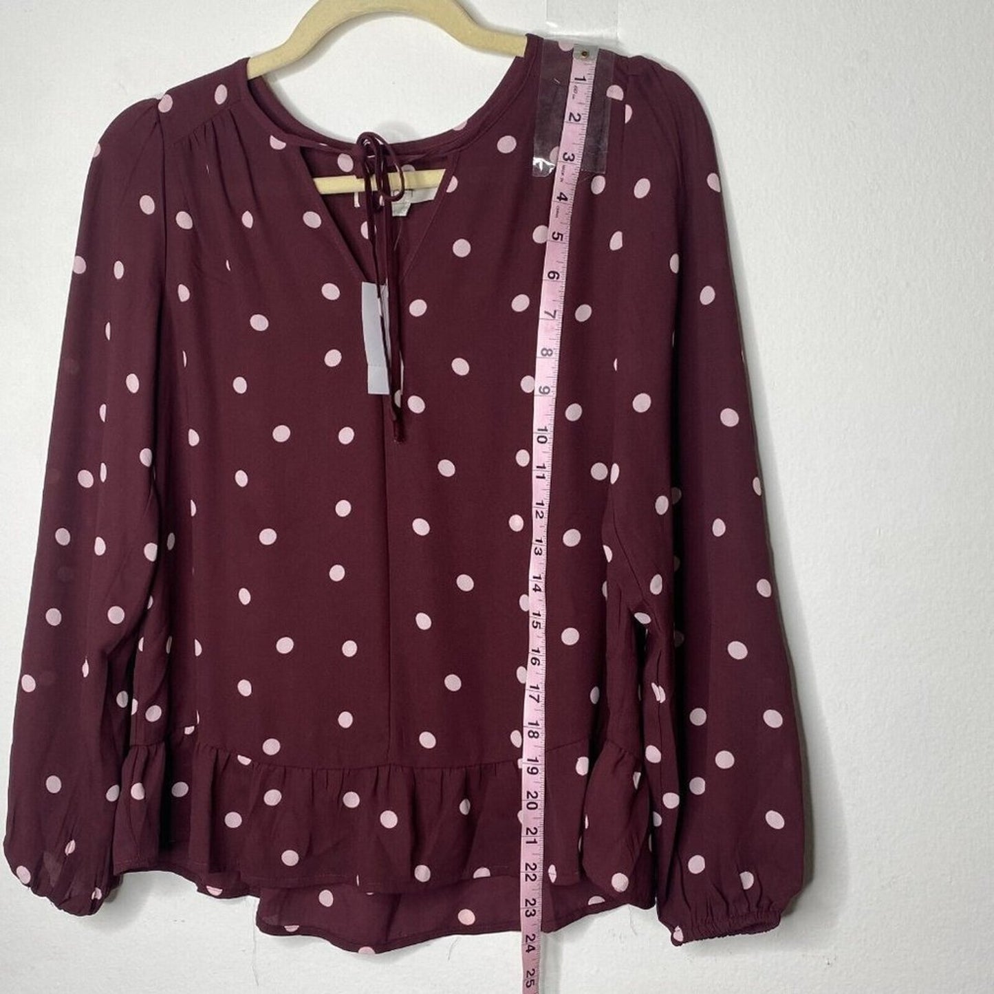 Loft Burgundy Plum & Pink Polka Dot Tie Neck Ruffle Hem Long Sleeve Blouse XXS