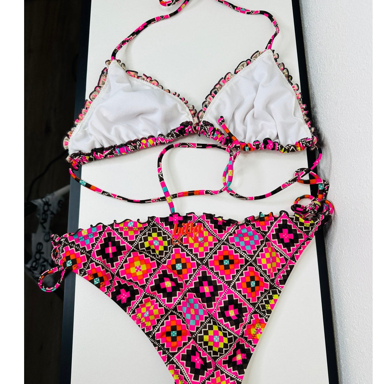 BIllabong Brown Pink Yellow Multi Print Ruched Ruffle Trim Bikini L