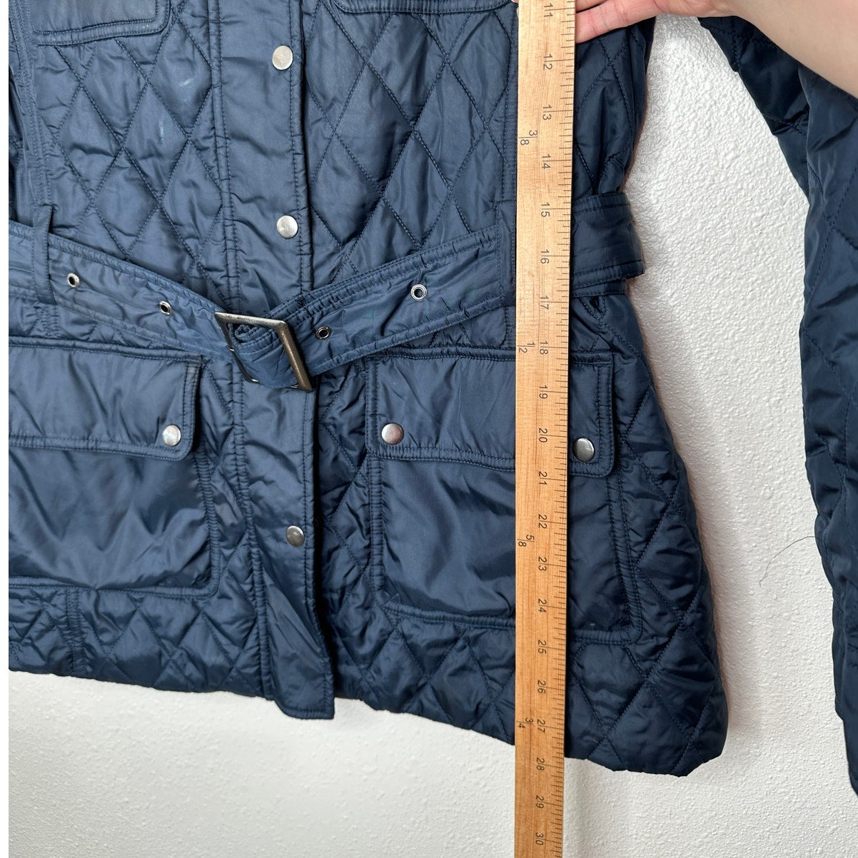 Banana Republic Navy Diamond Quilted Zip Belted Mock Neck Jacket L