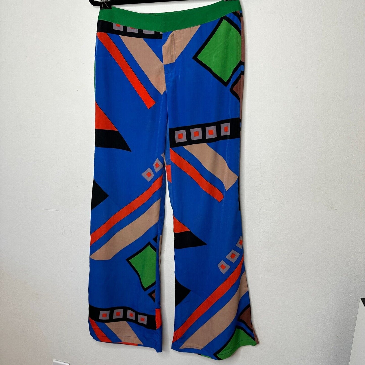 Jealous Tomato Bright Blue Green & Tan Abstract Design Palazzo Pants Front Zip M