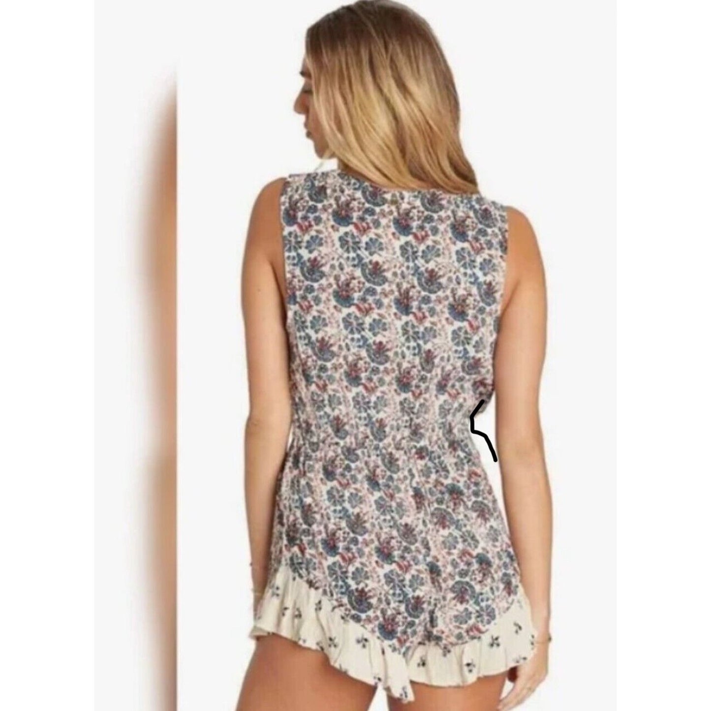 Billabong Cream Dusty Blue & Red Faux Wrap Deep-V Ruffle Hem Sleeveless Romper M