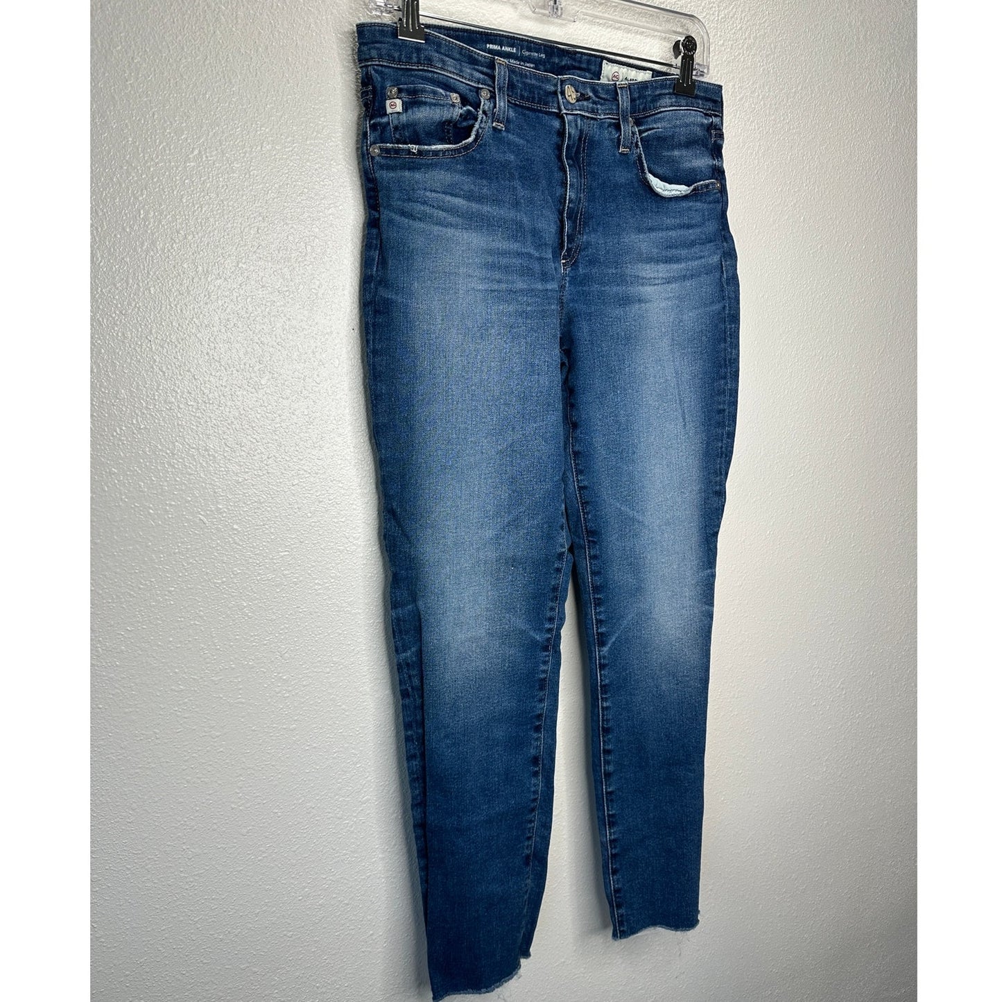 AG Medium Dark Wash The Prima Ankle Cigarette Leg Raw Hem Jeans 30