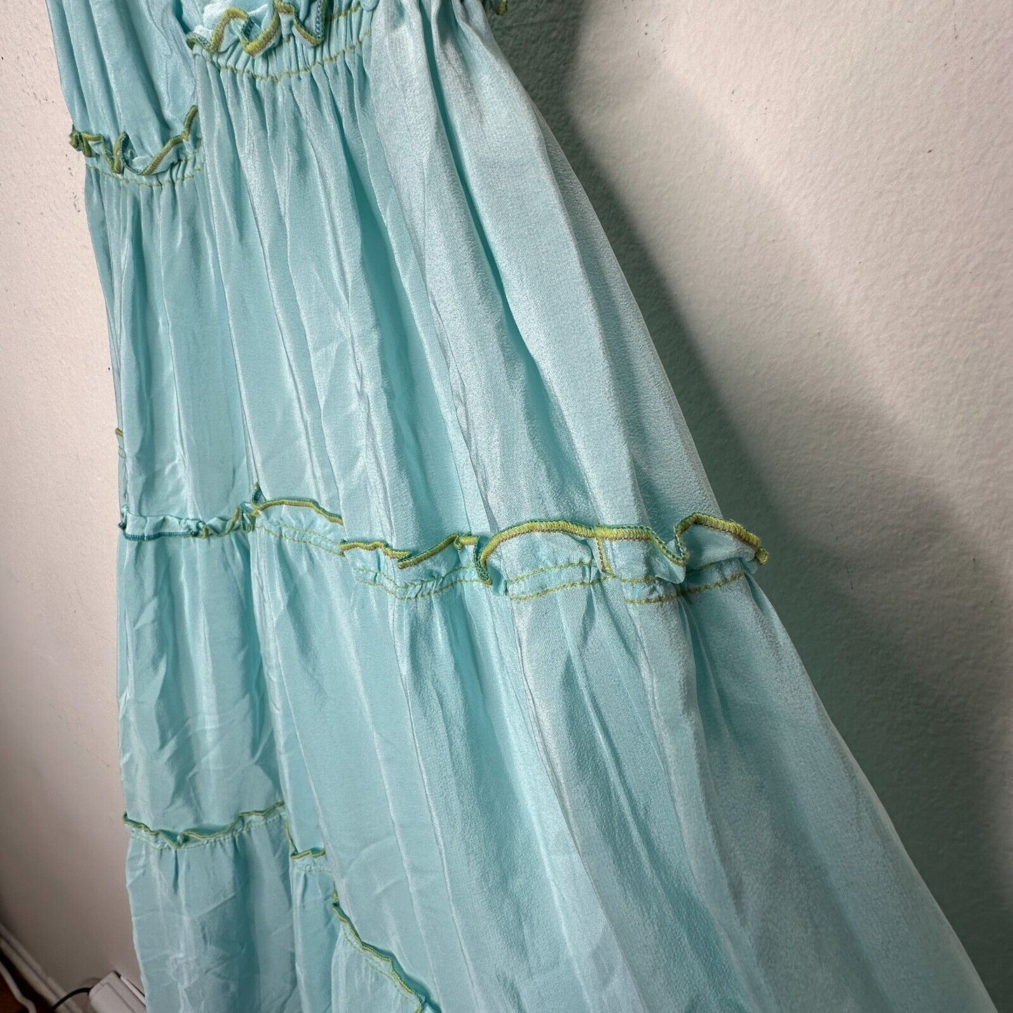 V Sierra 100% Silk Muted Aqua Spaghetti Strap V-Neck Tiered Ruffle Maxi Dress S