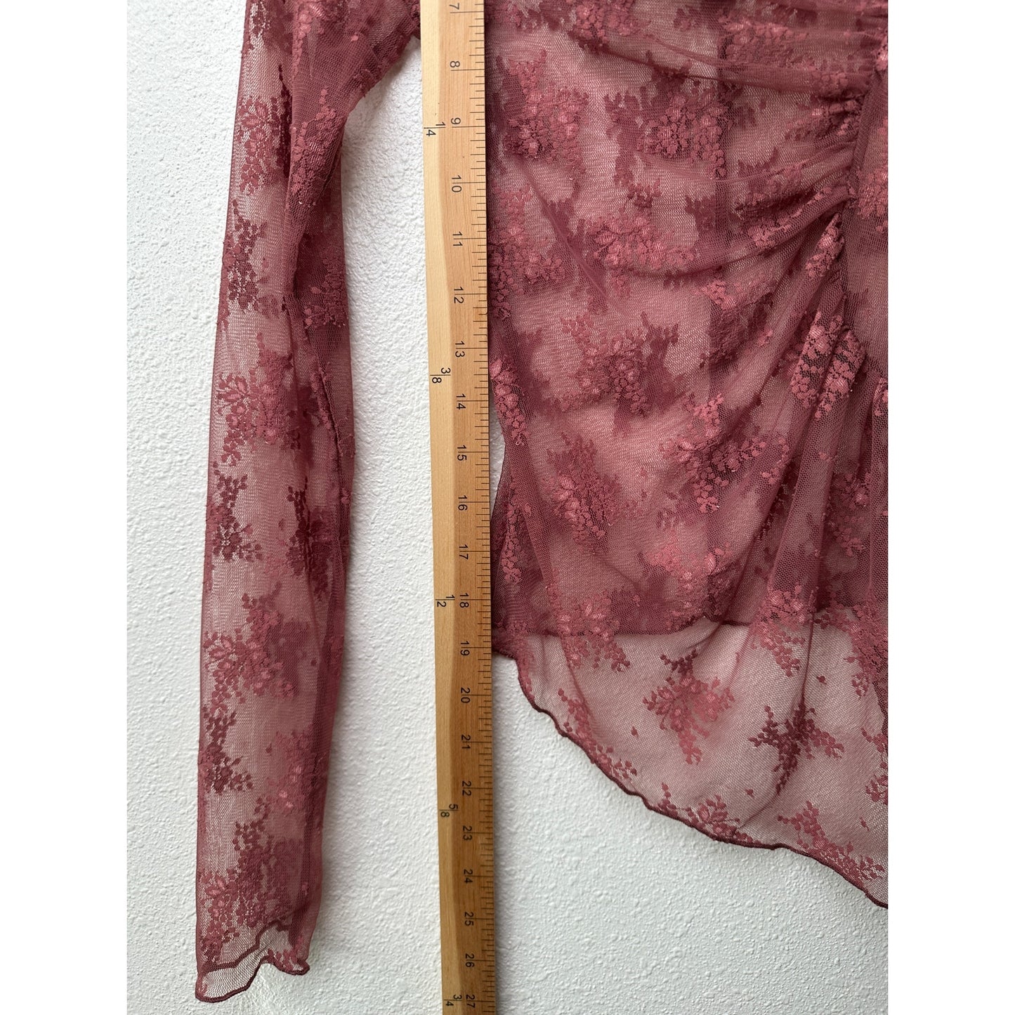 Free People Mauve Sheer Ruched Lace Top XS