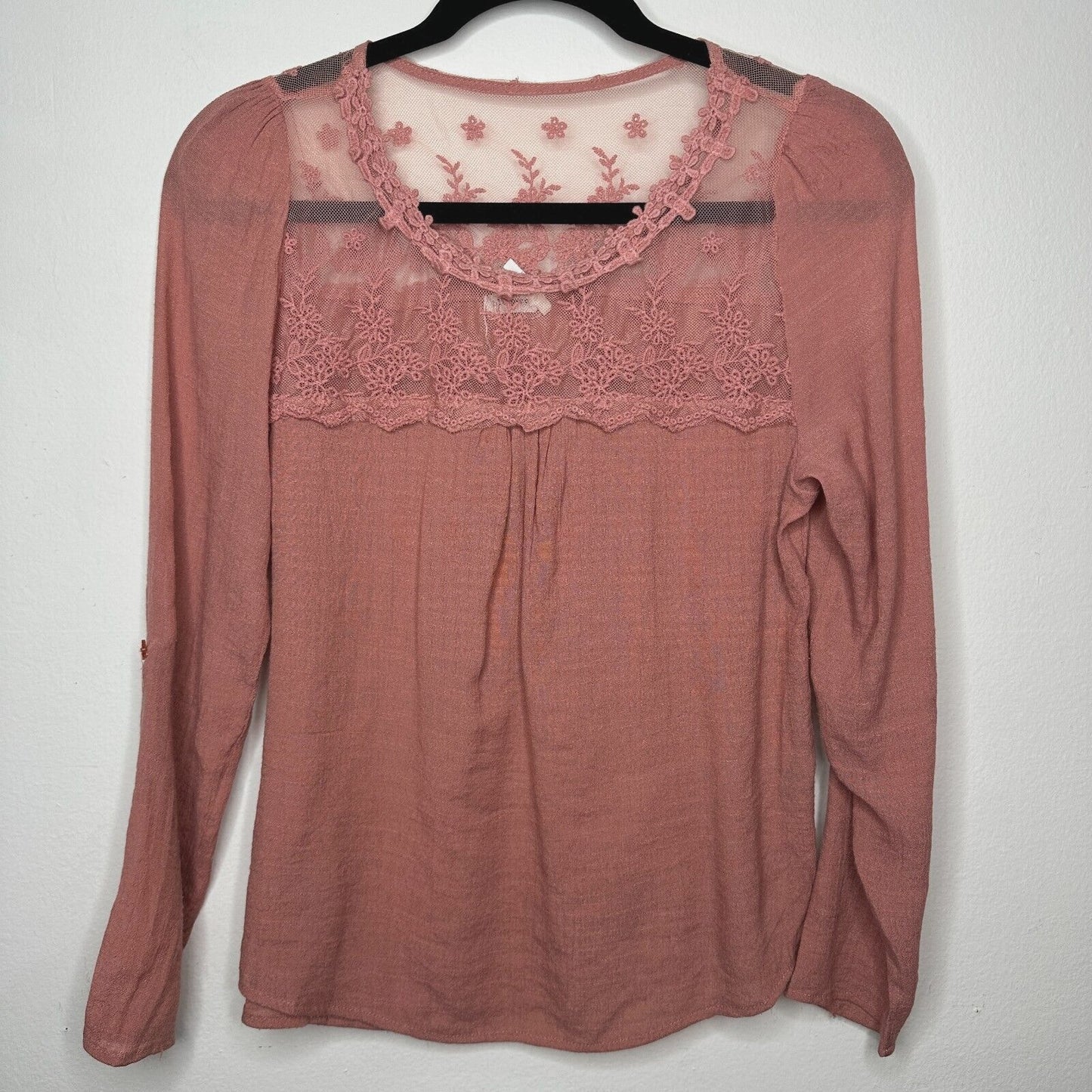 Blu Pepper Pink Apricot Floral Lace Bodice Blouse Long Sleeve Roll Tab Sleeve S