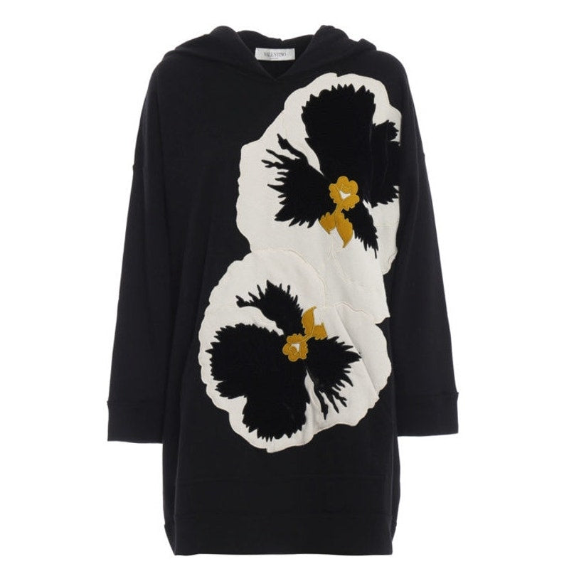 Valentino Garavani Black Hoodie Embroidered White Pansy Patches M