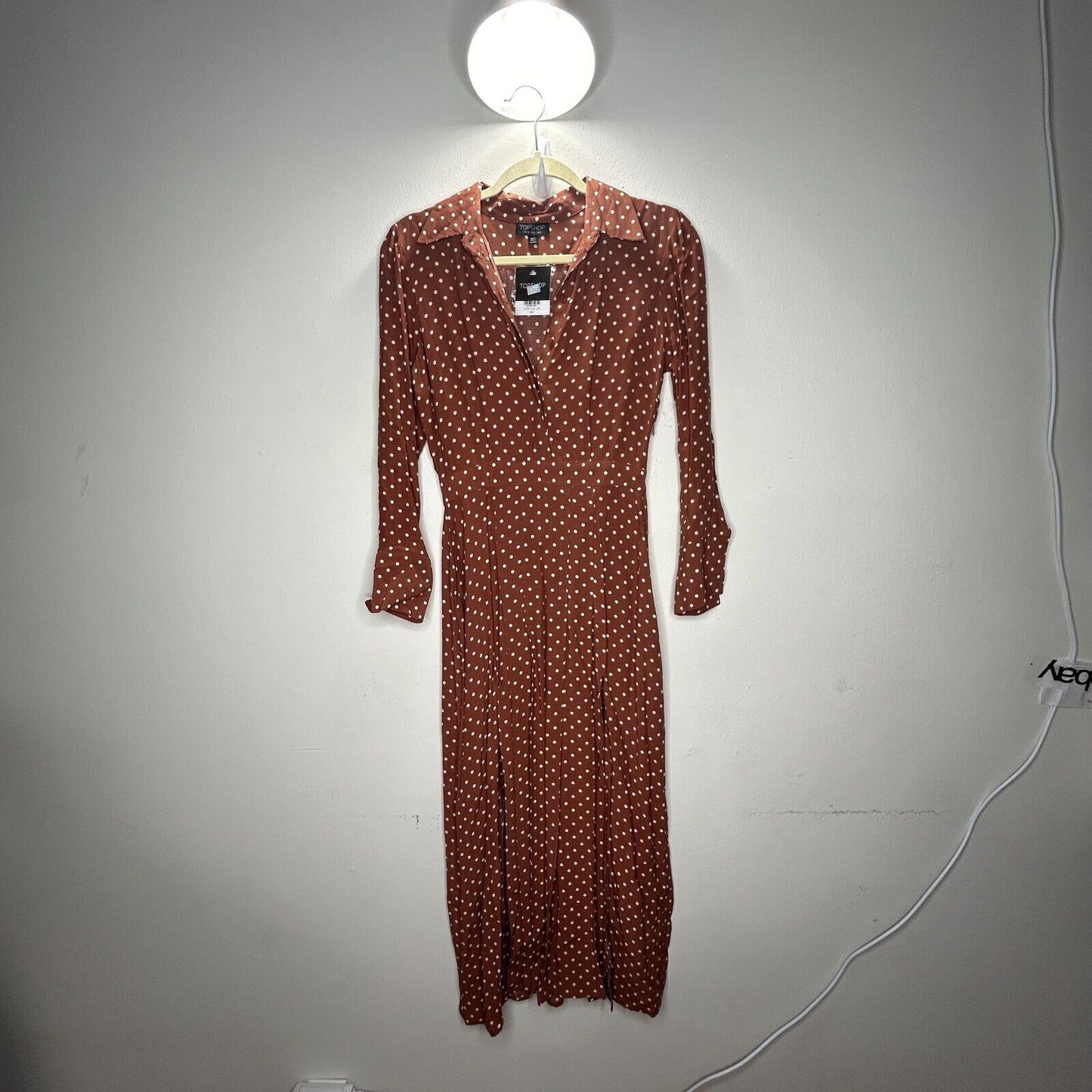 Topshop Brown Cream Polka-Dot 3/4 Sleeve Front Button Pleated Slit Maxi Dress 2