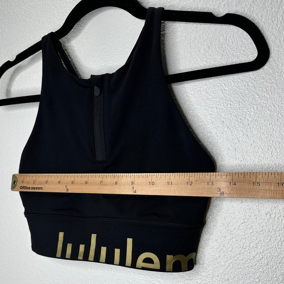 Lululemon Black Energy Bra High Neck Front Zip Gold Logo Sports Bra