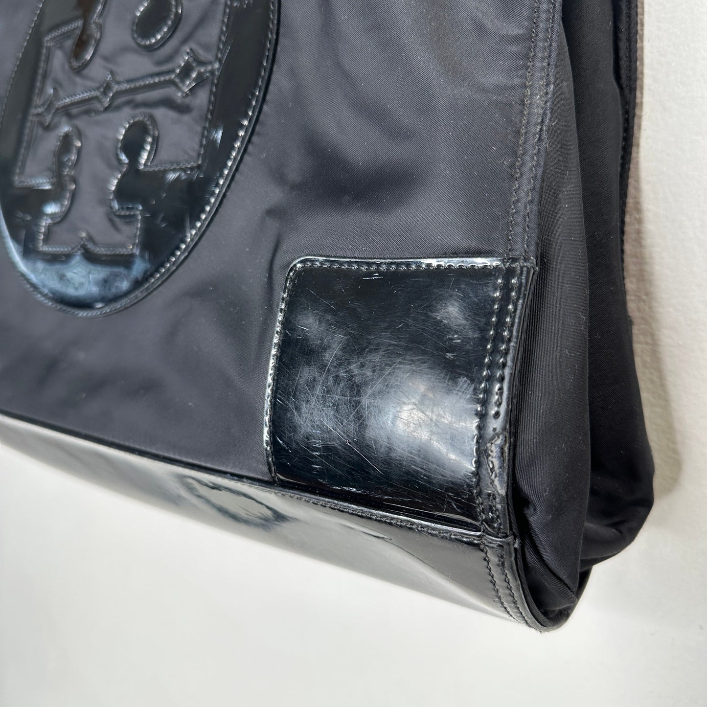 Tory Burch Black Canvas & Patent Leather Tote Bag 11 x 17