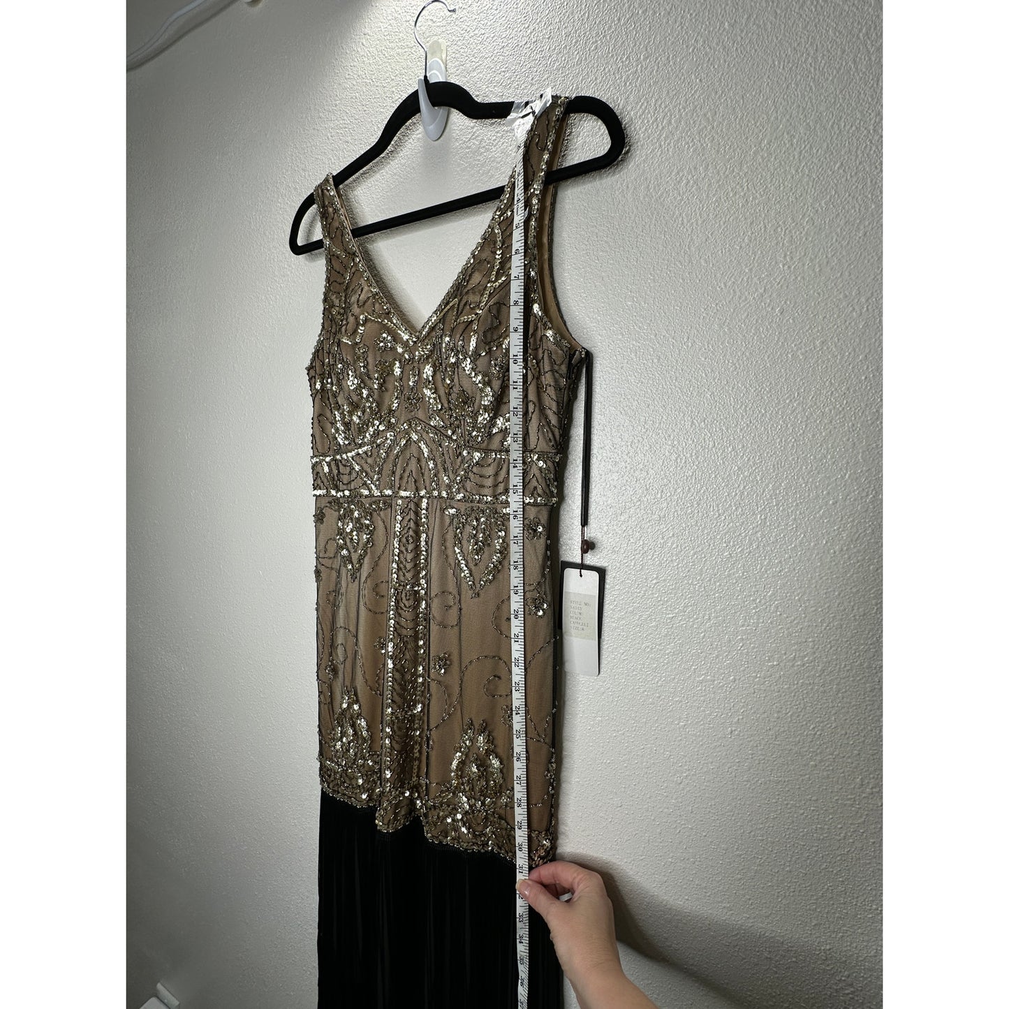 NWT Sue Wong Beaded Gold Mesh Top Black Fringe Bottom Evening Dress 8