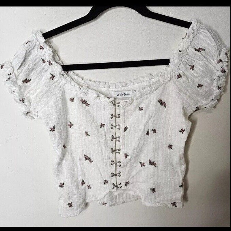 With Jean White Gauze Exposed Hook and Eye Floral Puff Off Shoulder Crop Top XS