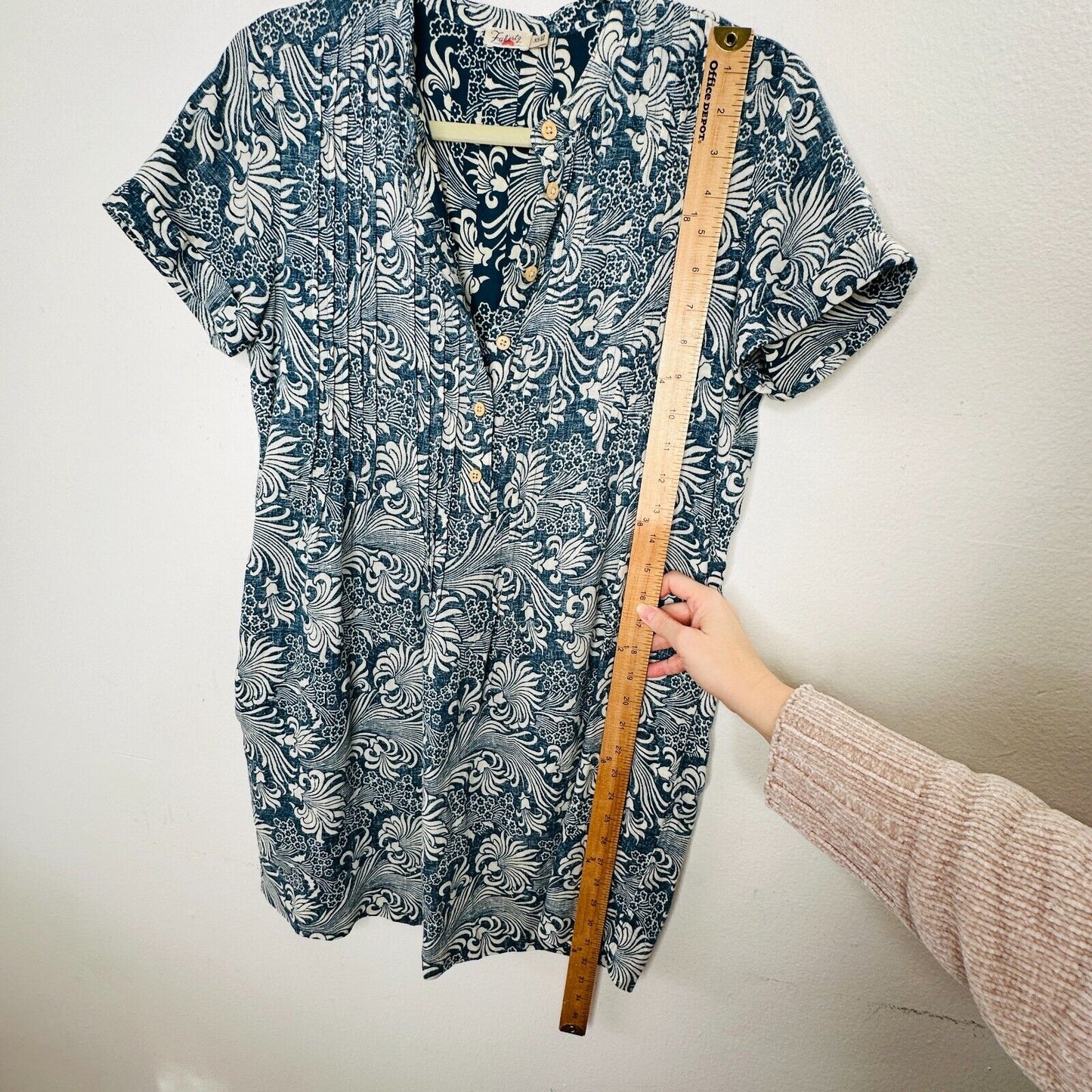 Faherty Cream & Blue Hawaiian Print Gemina Tunic Dress Split VNeck Short Sleeve