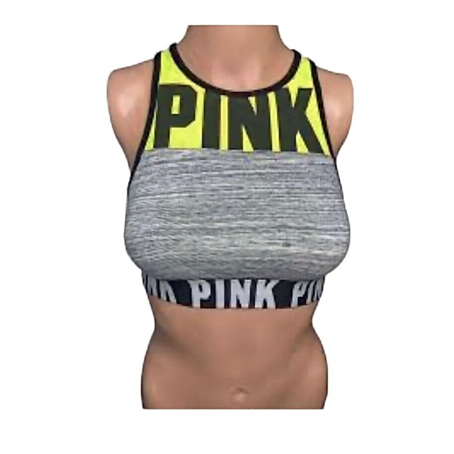 Victoria Secret Pink Gray White Yellow Black Logo Racerback Sports Bra S
