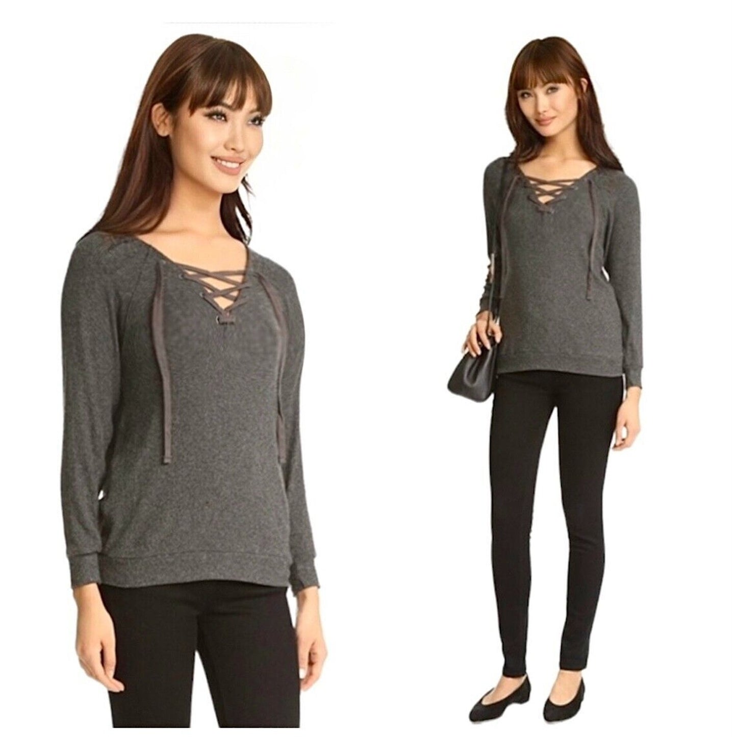 VELVET Graham and Spencer Gray Billow Lace up V-Front Long Sleeve Jersey Top XS