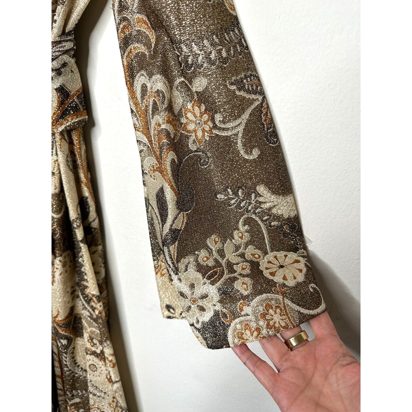 BILL BLASS Vintage 70s Couture Metallic Gold Lurex Knit Dress Ostrich Feather XS - S
