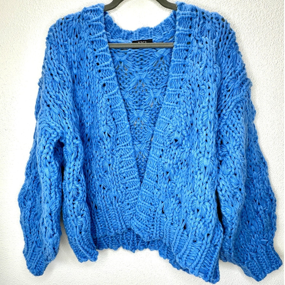Vici Dusty Blue Chunky Knit Oversized Open Front Cardigan Sweater S