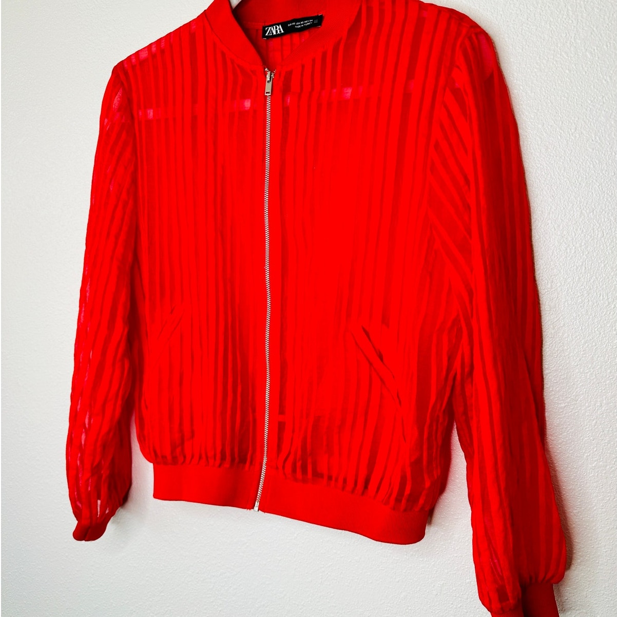 Zara Red Organza Sheer Striped Bomber Jacket Front Zip XS