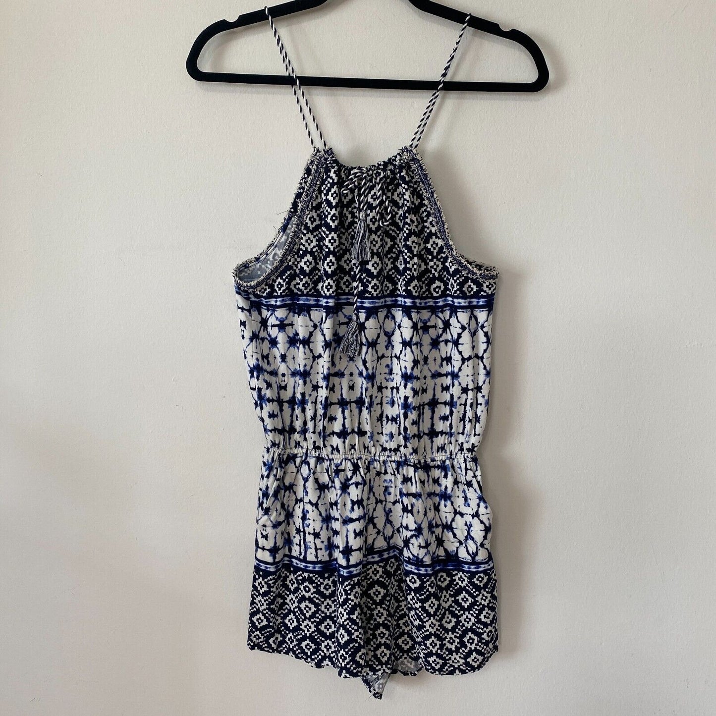 BB Dakota Beale Blue White Aztec Tie Dye Halter Tassel Tie Romper Pockets Small