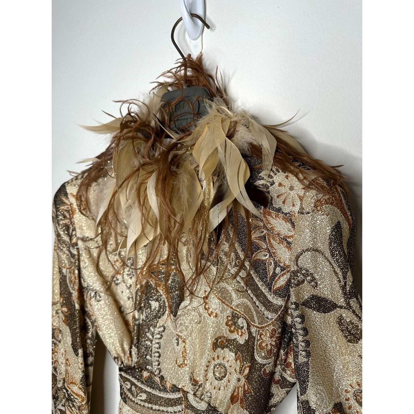 BILL BLASS Vintage 70s Couture Metallic Gold Lurex Knit Dress Ostrich Feather SM