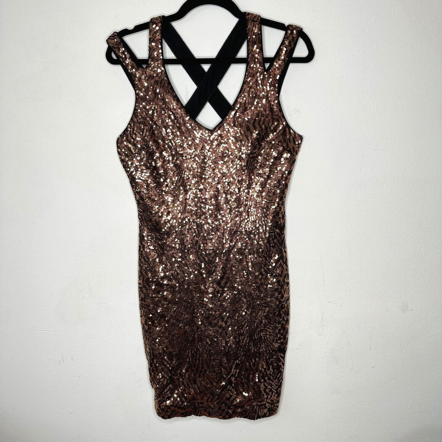Bebe Copper Bronze Metallic Sequin Strappy Mini Dress Criss Cross Back Zip M