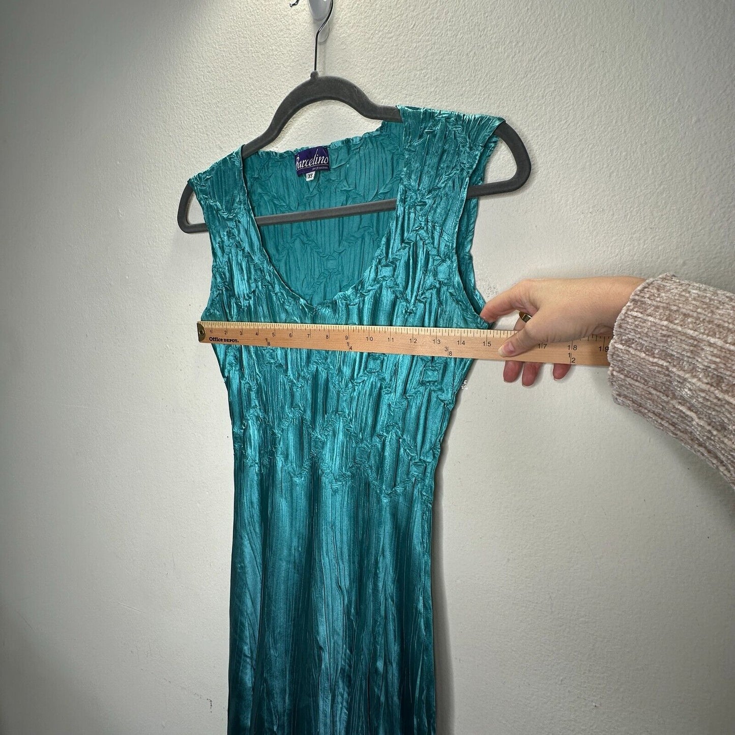 Barcelino Peacock Teal Ombre Sleeveless Crinkle Shimmer Scoop Neck Midi Dress XS