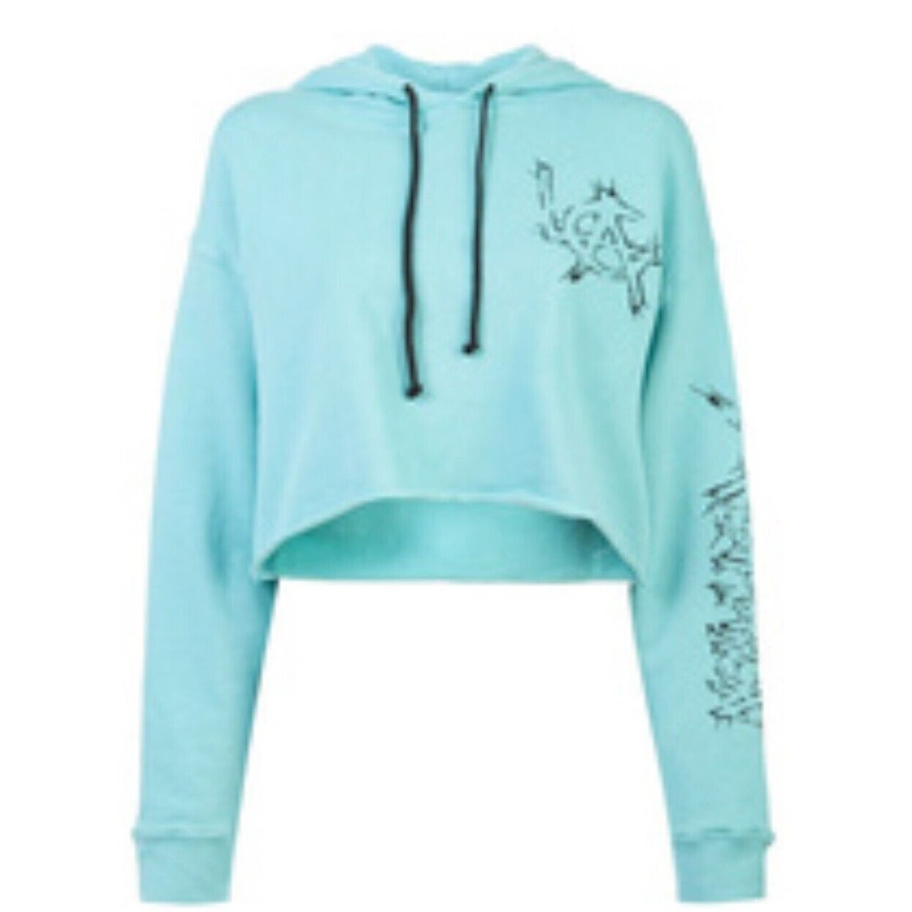Post LA Adaptation Aqua and Black Graphic Long Sleeve Crop Hooded Sweater Small