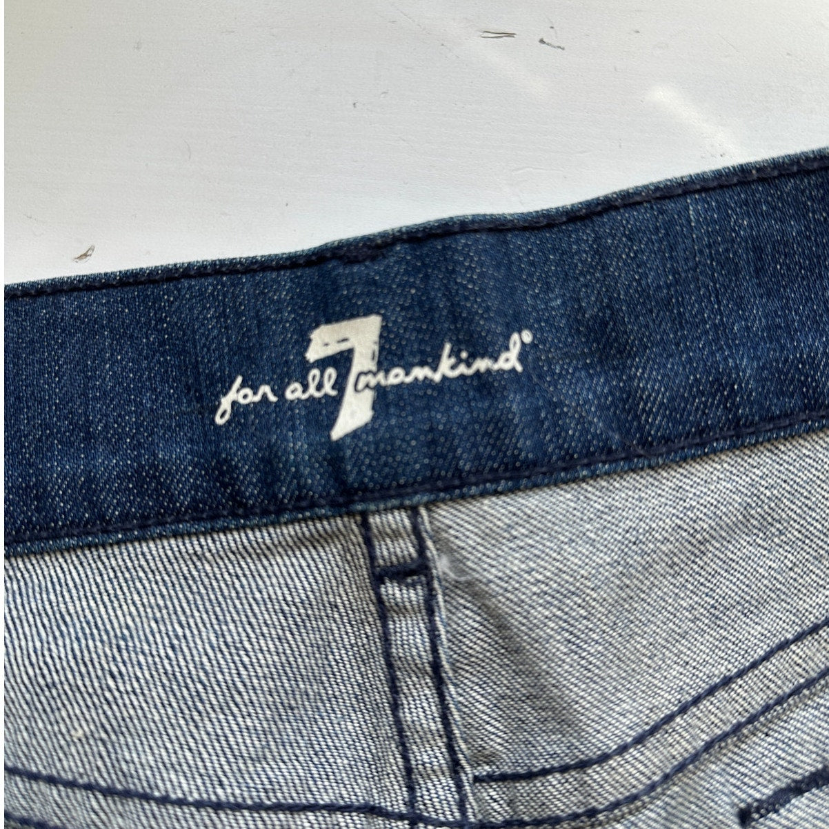 7 For All Mankind Dark Blue Distressed Low Rise Raw Hem Jean Shorts 29