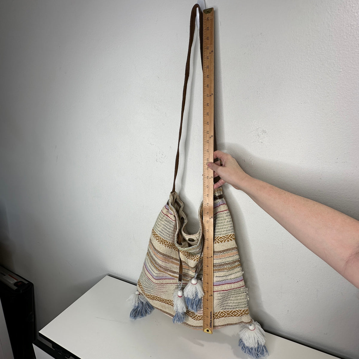 Lovestitch Tan Multicolor Striped Canvas Boho Bag Drawstring Snap Closure