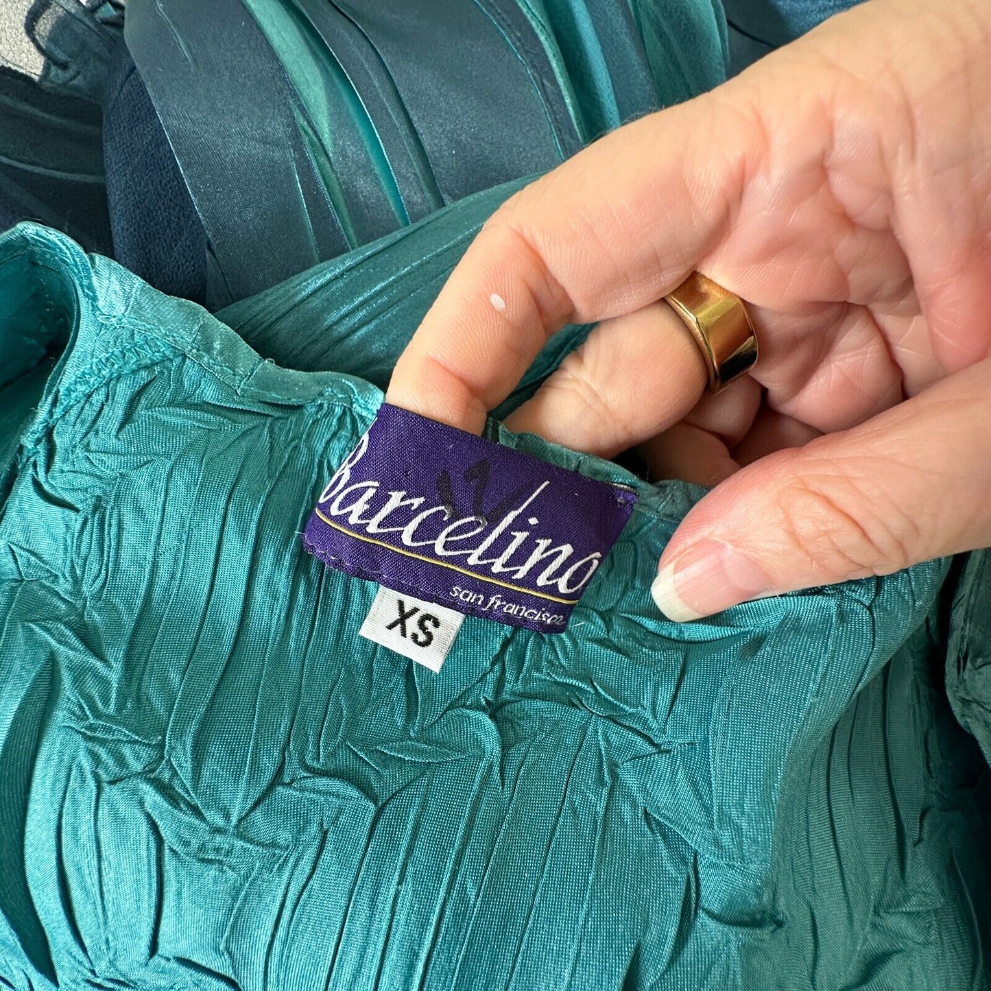 Barcelino Peacock Teal Ombre Sleeveless Crinkle Shimmer Scoop Neck Midi Dress XS