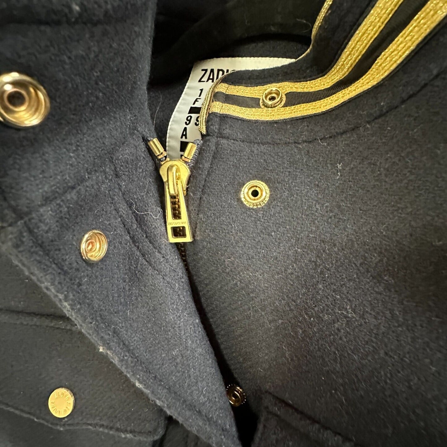 Zadig & Voltaire Wool Jacket Navy Gold Stand Collar Flap Pocket Zip Up Bomber SM