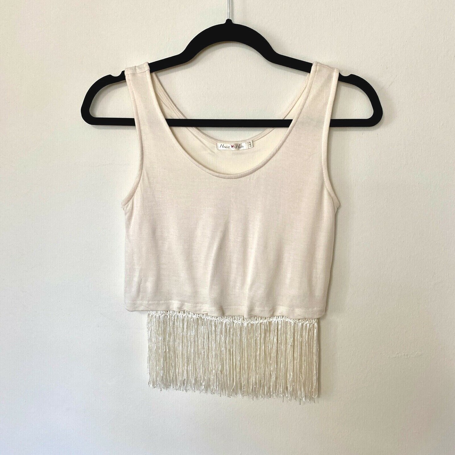 Heart & Hips Sleeveless Soft Cream Scoop Neck Braided Fringe Crop Top Tank S