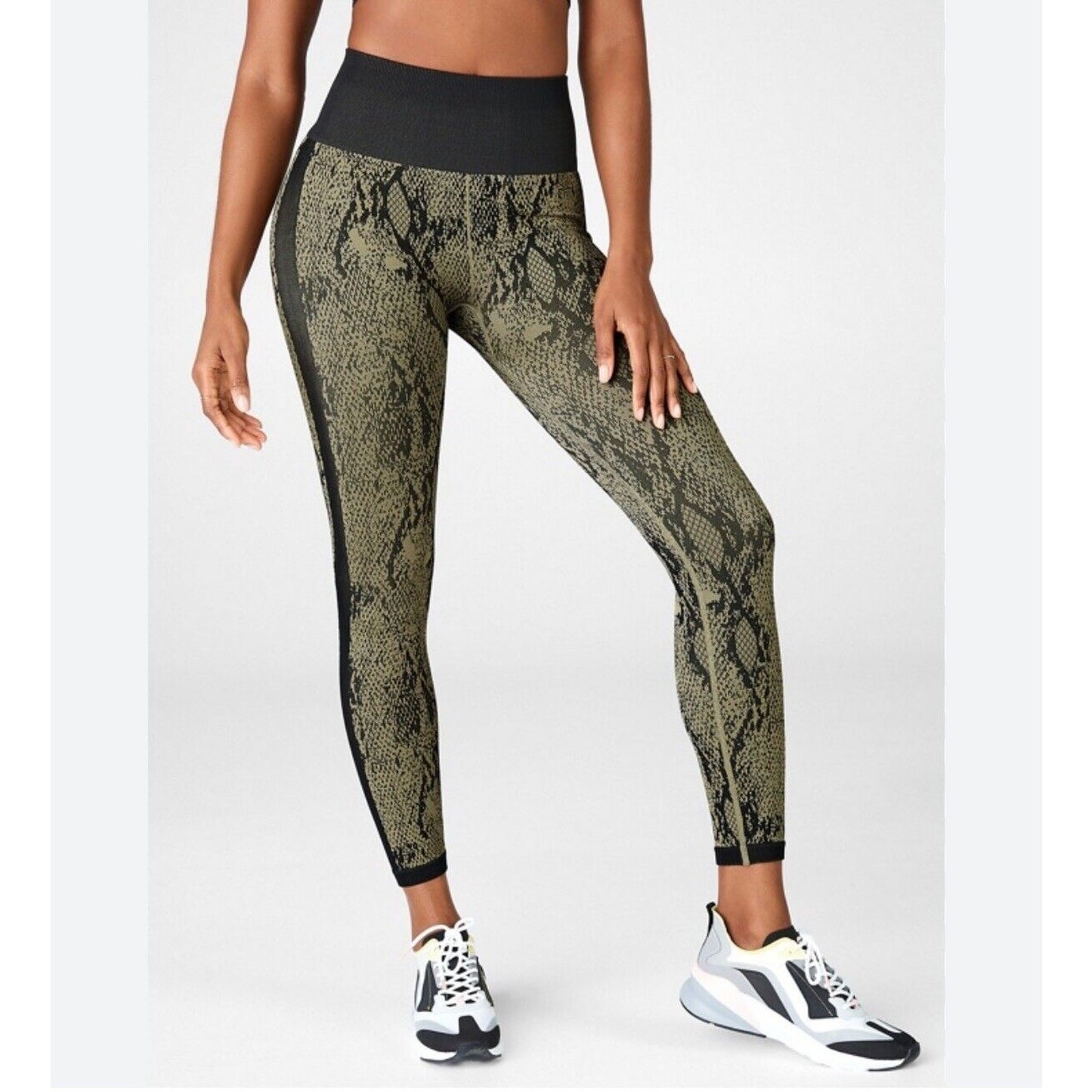 Fabletics Black & Gold Snake Print Ankle Leggings Wide Black Waistband S