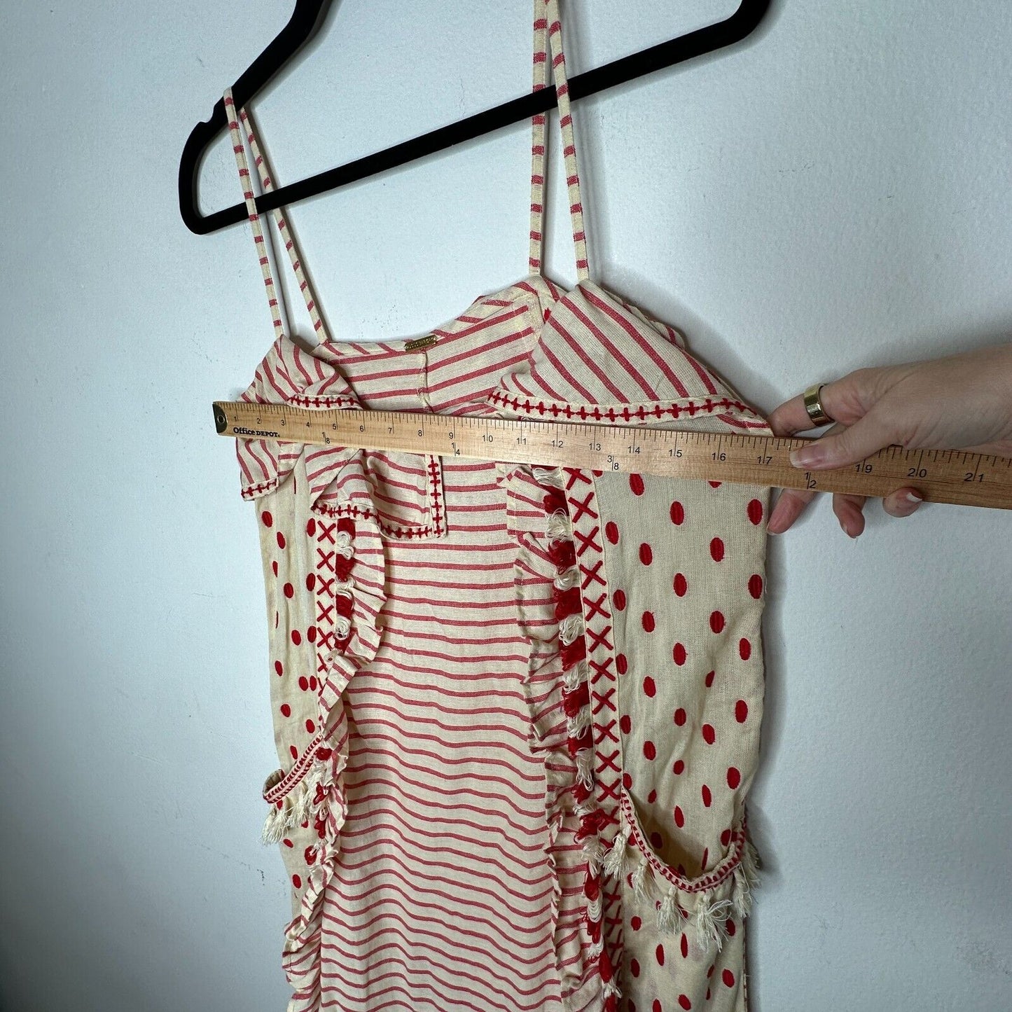 DODO BAR Tan & Red Stripe Polka Dot Ruffle Fringe Maxi Boho Resort Dress S