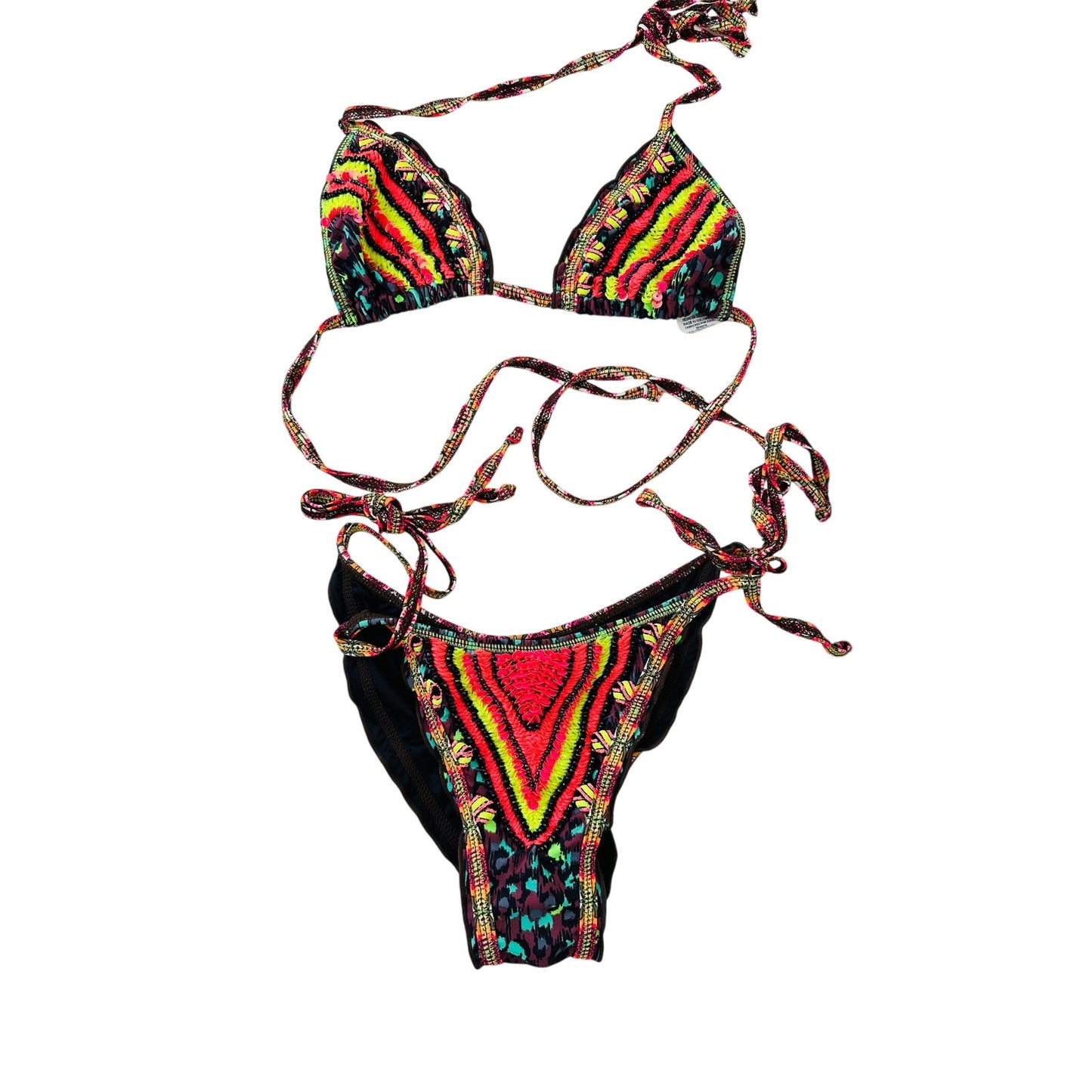 Agua Bendita Pink Multi-Color Stripe Sequin Ruffle Bikini Top & Bottom S