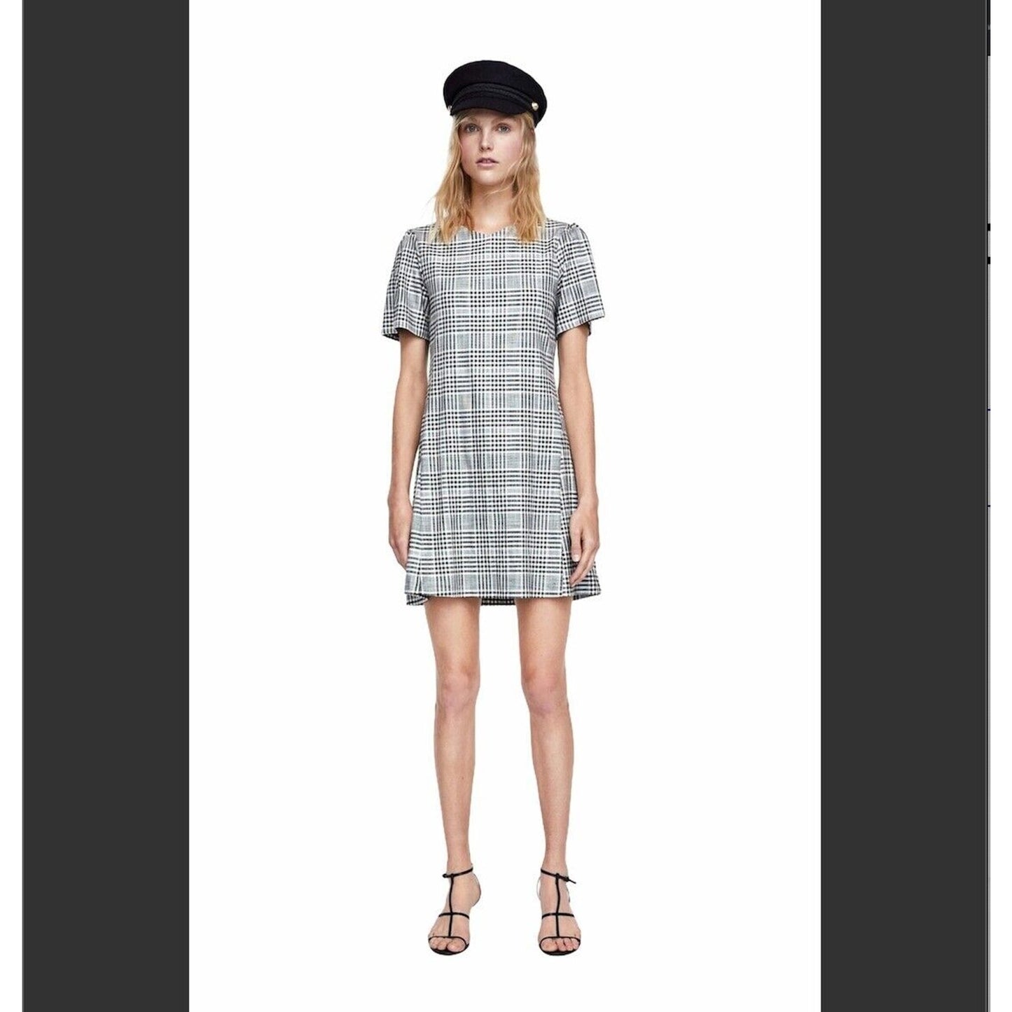 Zara Cute Gingham Plaid Shift Dress Short Sleeve Small Black and White Small