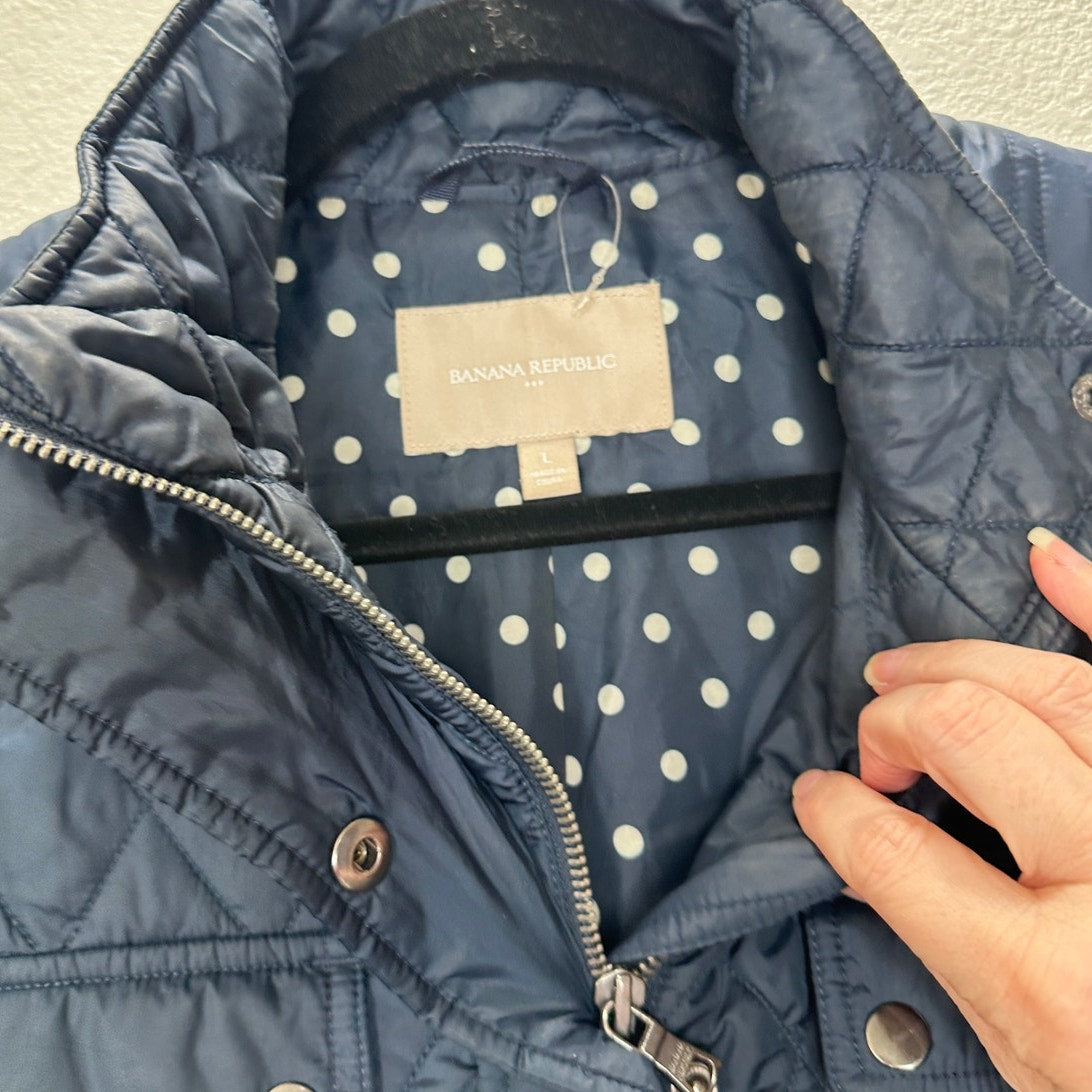 Banana Republic Navy Diamond Quilted Zip Belted Mock Neck Jacket L
