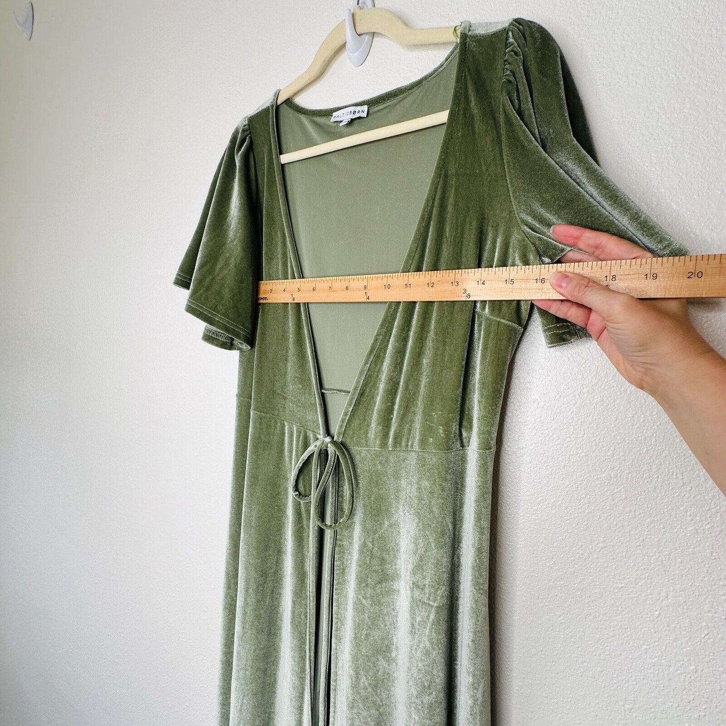 Baltic Born Light Sage Green Velour Short Flutter Sleeve Maxi Wrap Dress S
