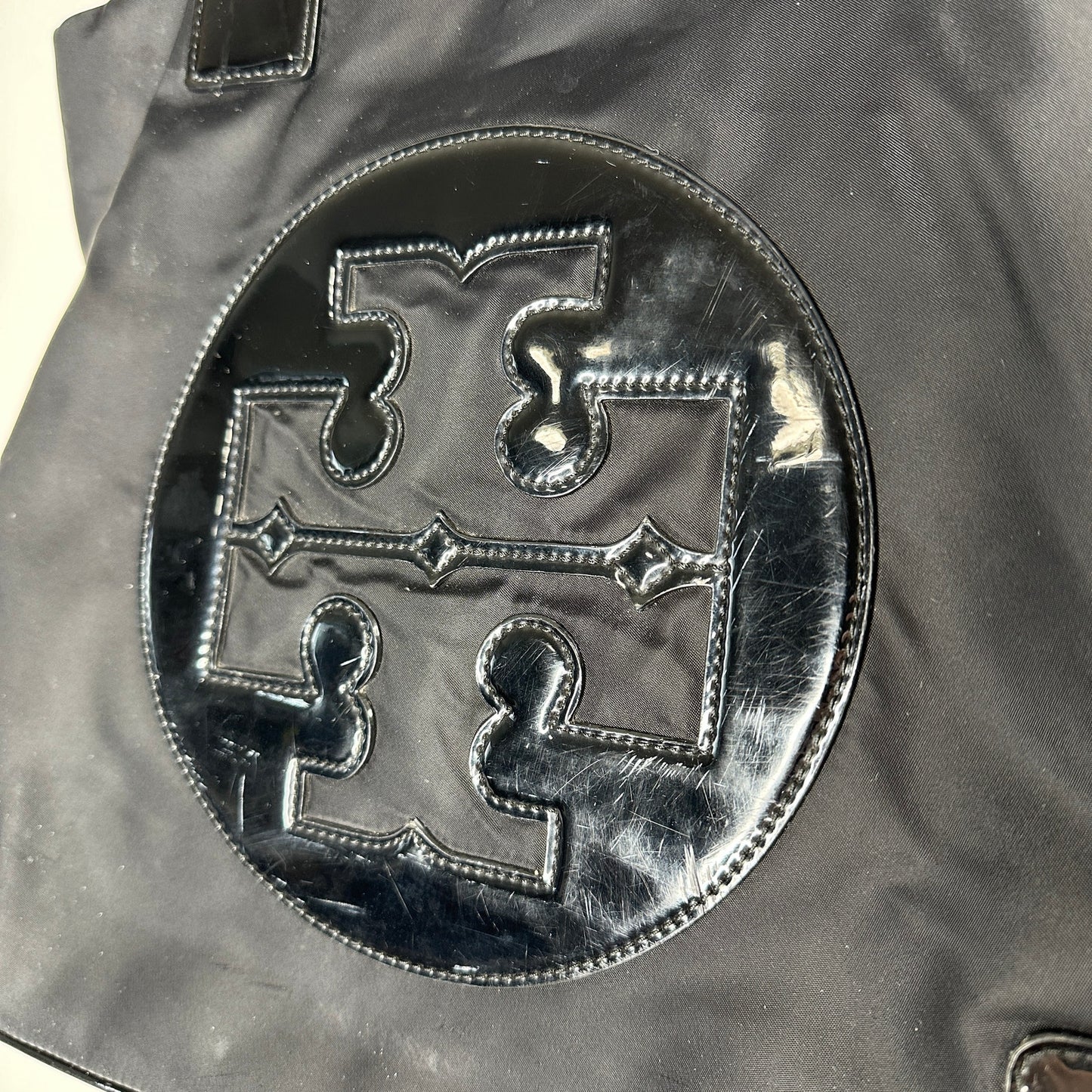 Tory Burch Black Canvas & Patent Leather Tote Bag 11 x 17