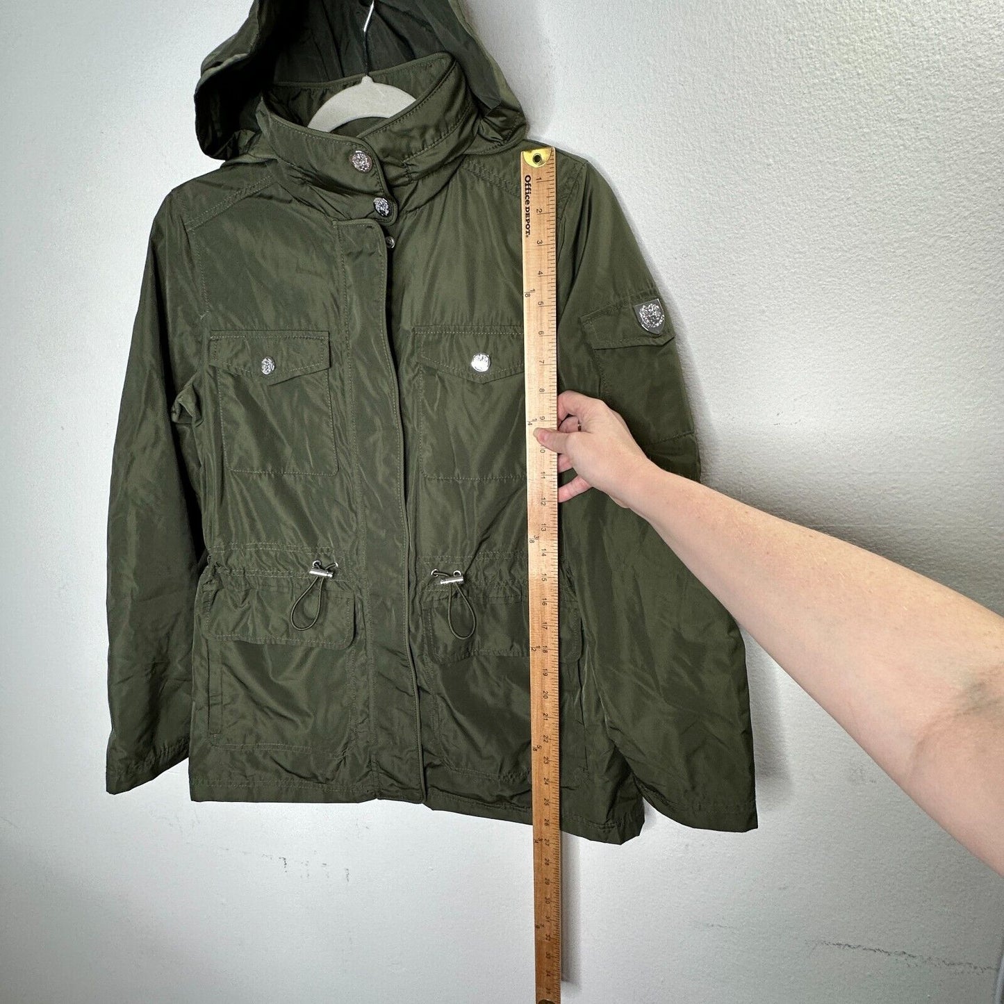 Vince Camuto Army Green Cinch Waist Zip Front Hooded Windbreaker Jacket Small