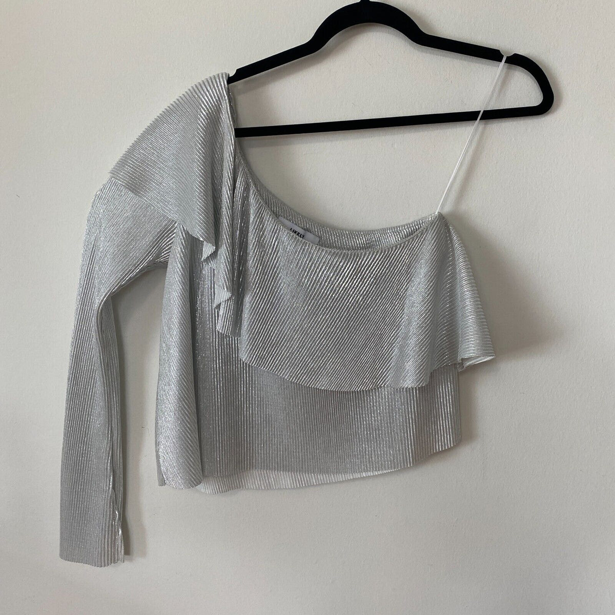 Silver Metallic Shiny Striped Ribbed One Shoulder One Long Sleeve Ruffle Top S